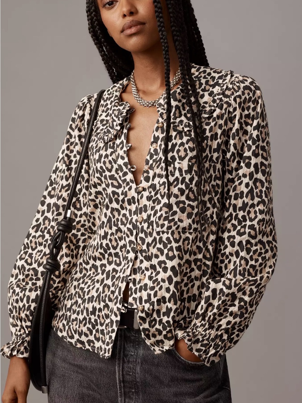 Pilcro Leopard Ruffle Collar Button-Front Blouse - Black & Cream